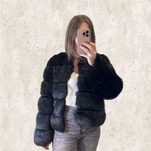Black faux fur oversized bomber jacket